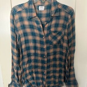 RVCA Teal and Beige Plaid Button-Up Shirt